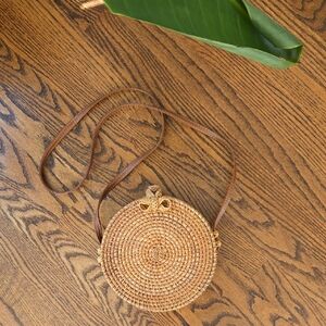 Round Woven Tan Crossbody Bag